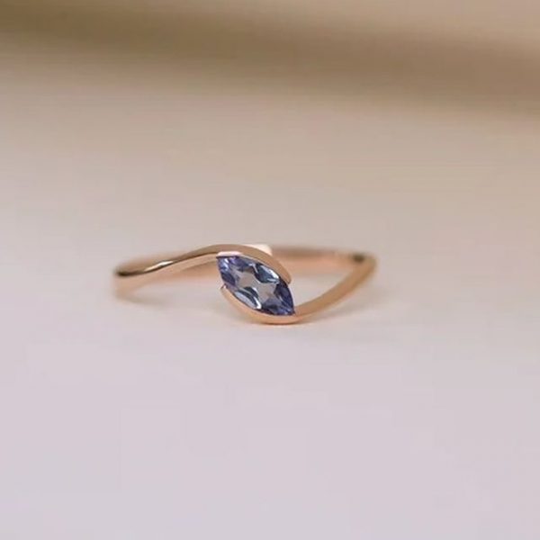 Marquise Tanzanite Curve Ring, Tanzanite Solitaire Ring, 14K Solid Gold Ring, Tanzanite Stone Solitaire Ring, Minimalist Ring