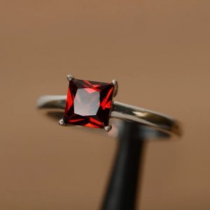 Princess cut red garnet on silver
