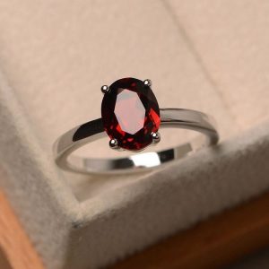 Red garnet ring, oval cut, January birthstone, sterling silver, promise ring