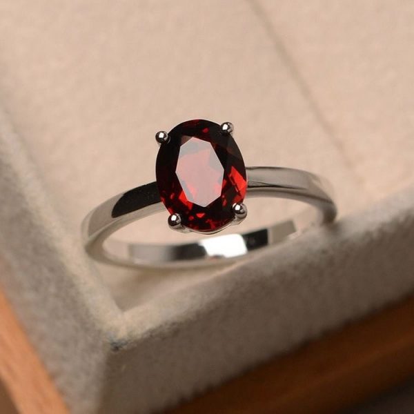 Red garnet ring, oval cut, January birthstone, sterling silver, promise ring
