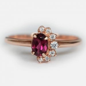 14 karat gold rhodolite garnet ring, pink rhodolite ring with zircon, engagement ring