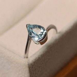 Aquamarine ring, pear cut, sterling silver, engagement ring, March birthstone, bezel setting, solitaire ring