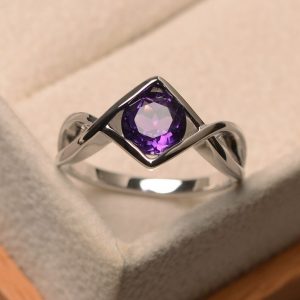 Natural amethyst rings, solitaire rings, February birthstone, round cut purple gemstone, sterling silver rings