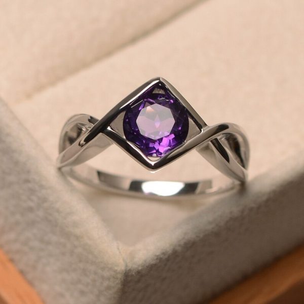 Natural amethyst rings, solitaire rings, February birthstone, round cut purple gemstone, sterling silver rings