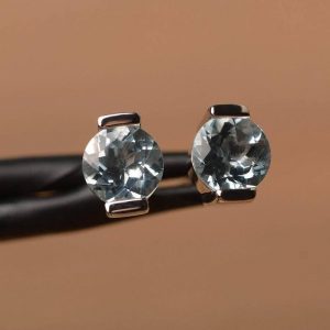 Round cut aquamarine studs on silver