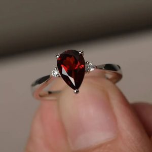 Proposal Ring Natural Red Garnet Ring January Birthstone Ring Red Gemstone Ring Sterling Silver Ring Pear Cut