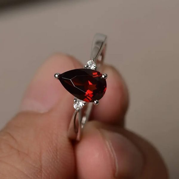Proposal Ring Natural Red Garnet Ring January Birthstone Ring Red Gemstone Ring Sterling Silver Ring Pear Cut - Image 2