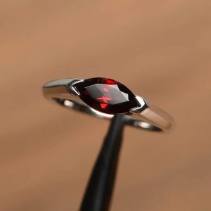 natural red garnet engagement ring January birthstone marquise cut east west ring sterling silver