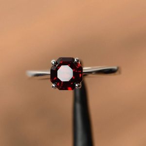 natural red garnet rings January birthstone octagon cut rings silver rings unique ring