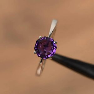 solitaire rings promise rings natural purple amethyst rings octagon cut rings February birthstone solid silver rings