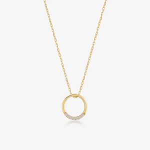 Circular hallo pendant with cubic zirconia set on 18 karat gold chain