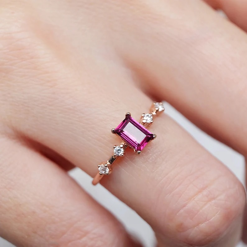 14k Rose Gold Rhodolite Garnet Baguette Ring