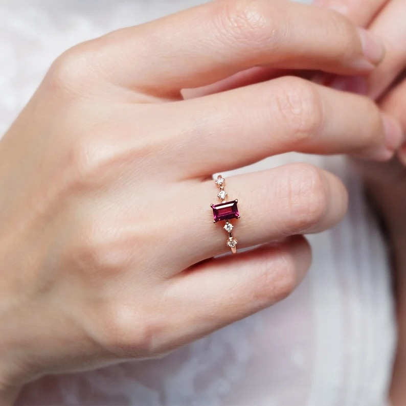 14k Rose Gold Rhodolite Garnet Baguette Ring