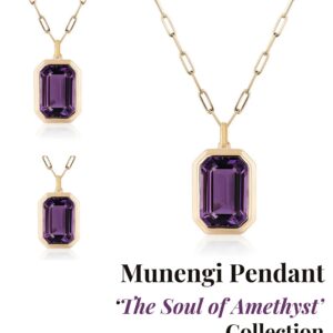 Munengi Pendant - 3.5ct Emerald-Cut Amethyst in 14K Gold Double Bezel with Chai