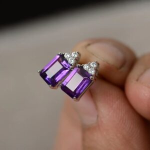 Natural Amethyst Earrings Stud Sterling Silver