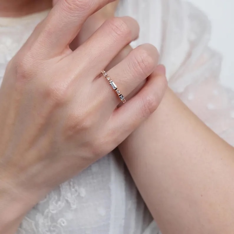 14 Karat Rose Gold Baguette Aquamarine Wedding Band