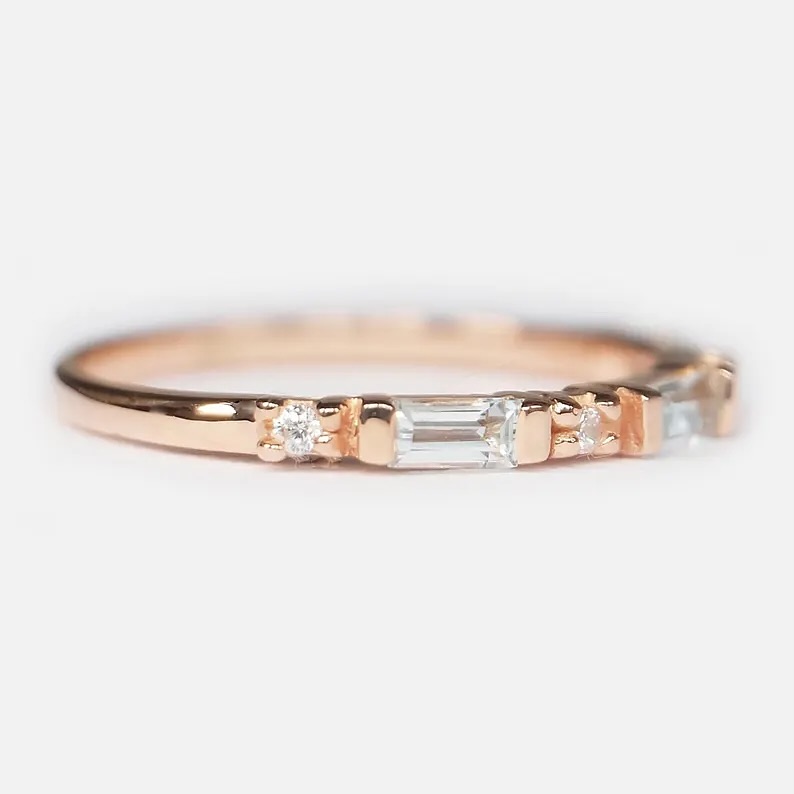 14 Karat Rose Gold Baguette Aquamarine Wedding Band