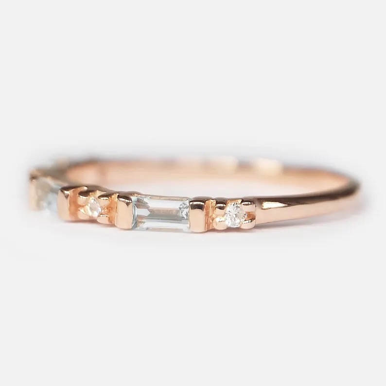 14 Karat Rose Gold Baguette Aquamarine Wedding Band