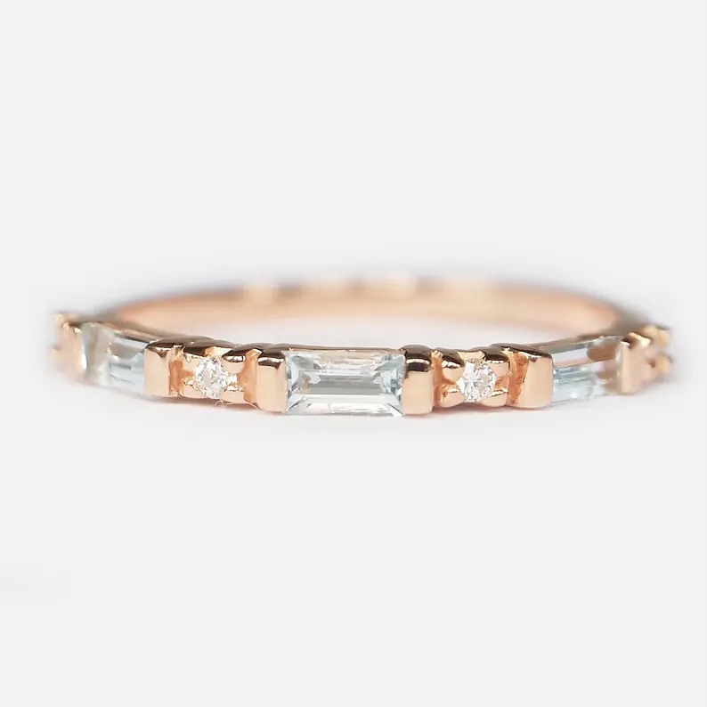 14 Karat Rose Gold Baguette Aquamarine Wedding Band