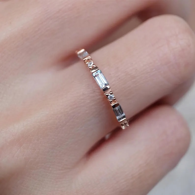 14 Karat Rose Gold Baguette Aquamarine Wedding Band