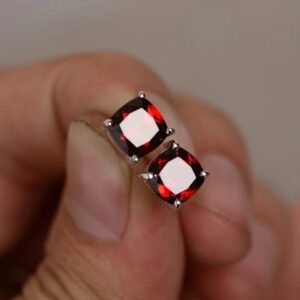 Natural Garnet Earrings Stud 7mm Cushion Cut Red Garnet