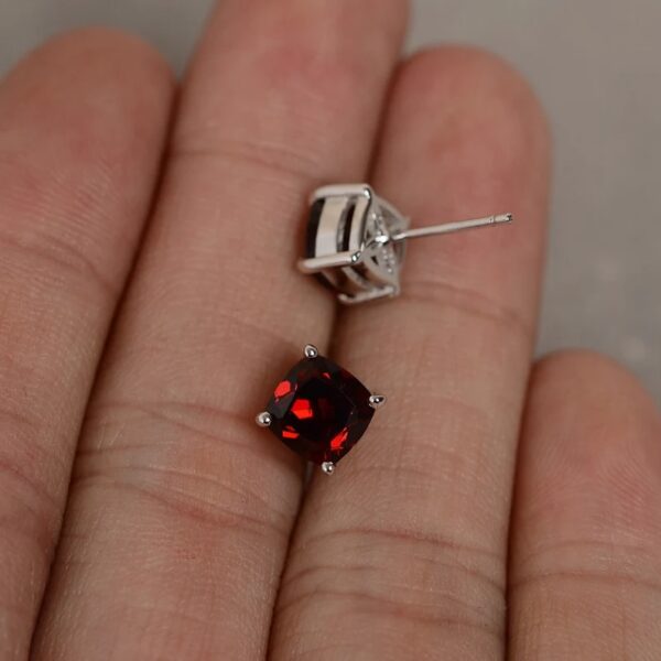 Natural Garnet Earrings Stud 7mm Cushion Cut Red Garnet - Image 2