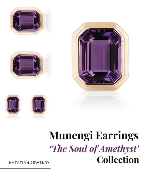 Munengi Earrings - 1.5ct Each Emerald-Cut Amethyst in 14K Gold Double Bezel Setting - Image 2