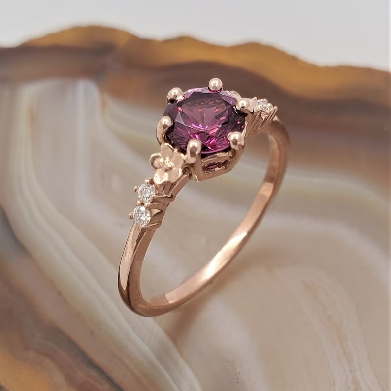 Floral Elegance: Rhodolite Garnet & Diamond Ring in 14k Rose Gold