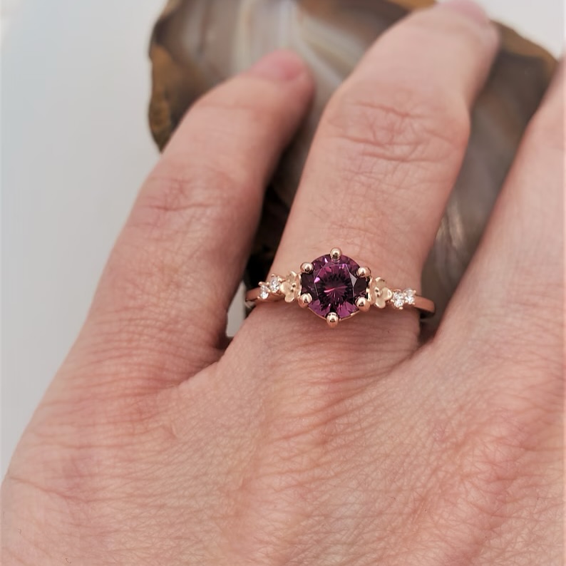 Floral Elegance: Rhodolite Garnet & Diamond Ring in 14k Rose Gold