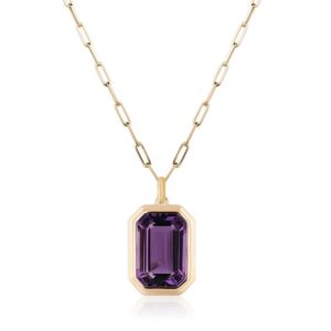 Munengi Pendant - 3.5ct Emerald-Cut Amethyst in 14K Gold Double Bezel with Chai