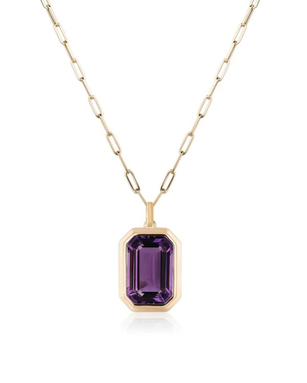 Munengi Pendant - 3.5ct Emerald-Cut Amethyst in 14K Gold Double Bezel with Chai