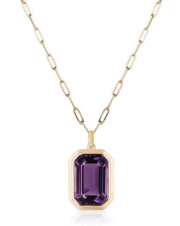 Munengi Pendant - 3.5ct Emerald-Cut Amethyst in 14K Gold Double Bezel with Chai - Image 4