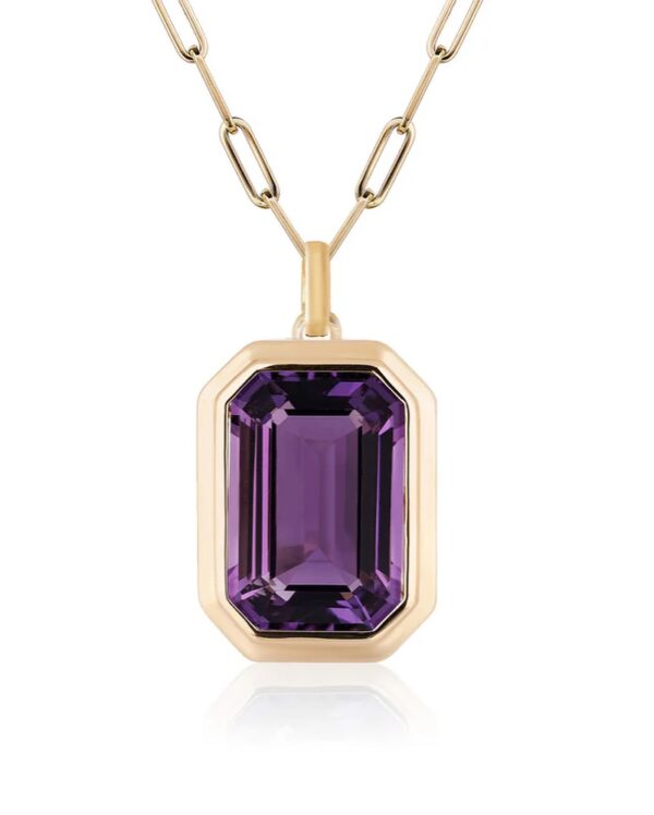 Munengi Pendant - 3.5ct Emerald-Cut Amethyst in 14K Gold Double Bezel with Chai - Image 3