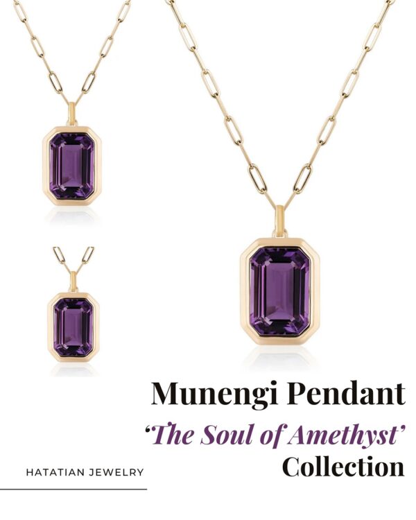 Munengi Pendant - 3.5ct Emerald-Cut Amethyst in 14K Gold Double Bezel with Chai - Image 2