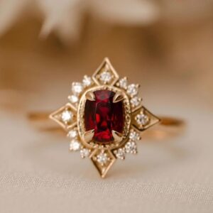 18k Yellow Gold Cushion-Cut Garnet Solitaire Ring with CZ