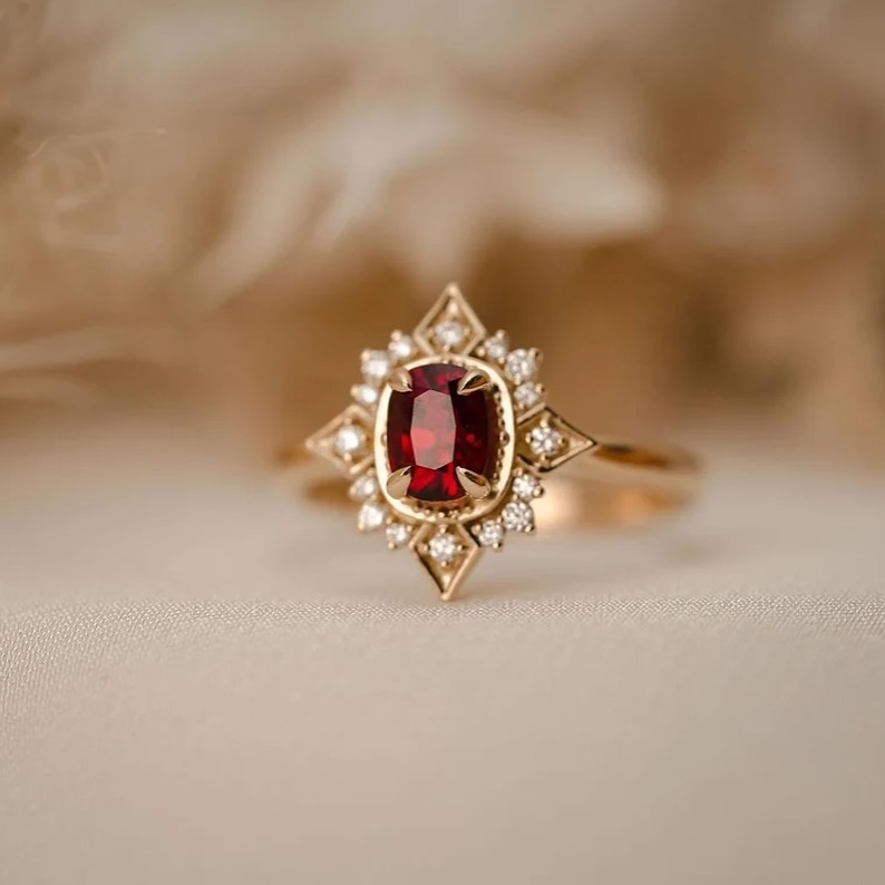 18k Yellow Gold Cushion-Cut Garnet Solitaire Ring with CZ