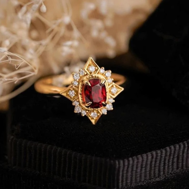 18k Yellow Gold Cushion-Cut Garnet Solitaire Ring with CZ