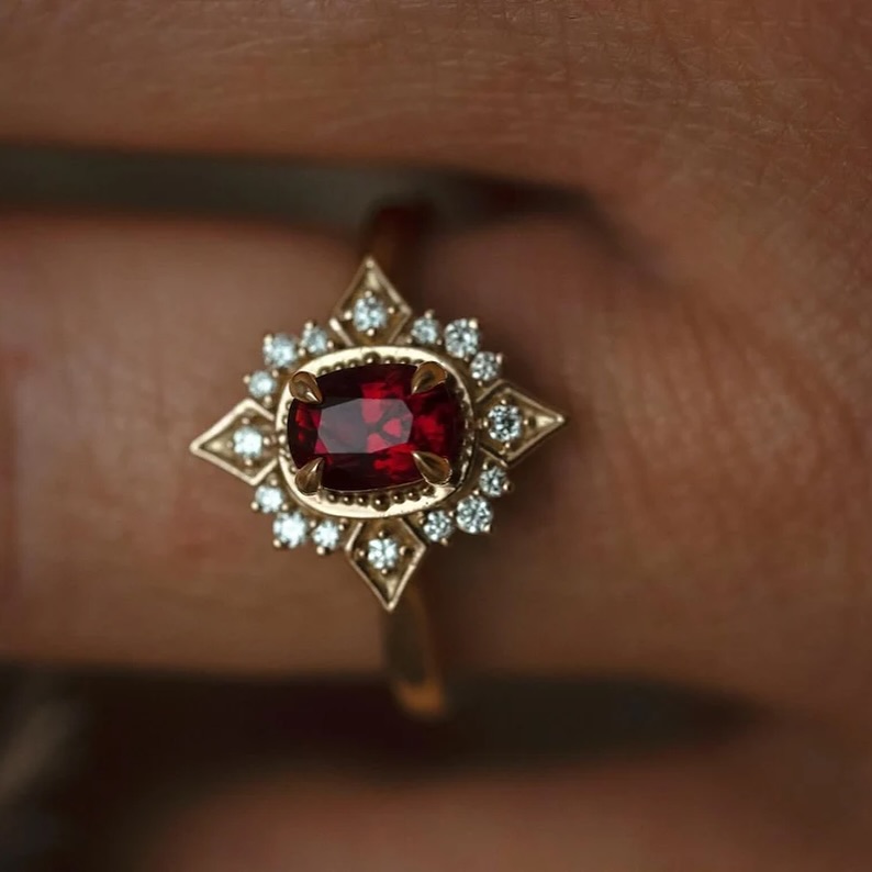 18k Yellow Gold Cushion-Cut Garnet Solitaire Ring with CZ